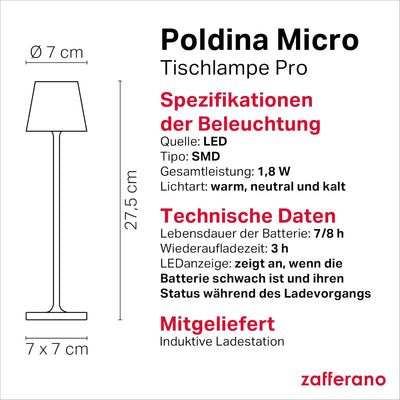 Zafferano Poldina Pro Micro Kabellose LED-Tischlampe Aufladbar - Dimmbare Touch Akku Lampe für Innen