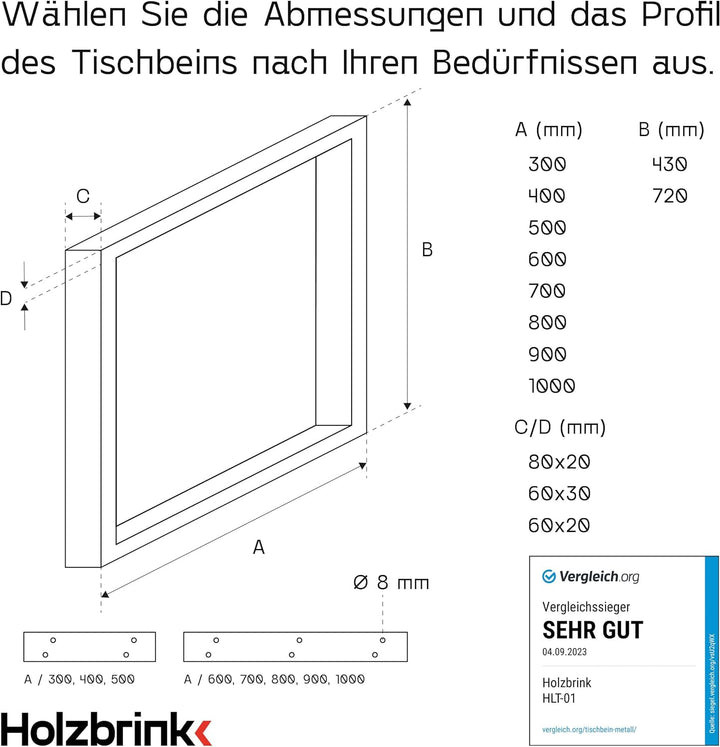 HOLZBRINK Tischbeine für Couchtisch Sitzbank, Möbelfüsse aus Vierkantprofil 80x20 mm, Tischgestell 3