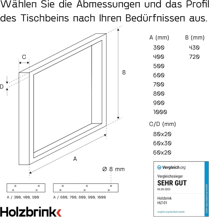 HOLZBRINK Tischbeine für Couchtisch Sitzbank, Möbelfüsse aus Vierkantprofil 60x20 mm, Tischgestell 4