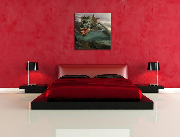 Pixxprint Drache kämpft gegen Krieger als Leinwandbild/Grösse: 70x70 cm/Wandbild/Kunstdruck/fertig b