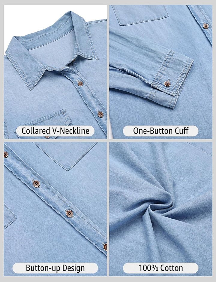 Roskiky Jeanshemd Damen Bluse Damen Western Hemden Tunika Damen Langarm Button Down Oberteile Damen