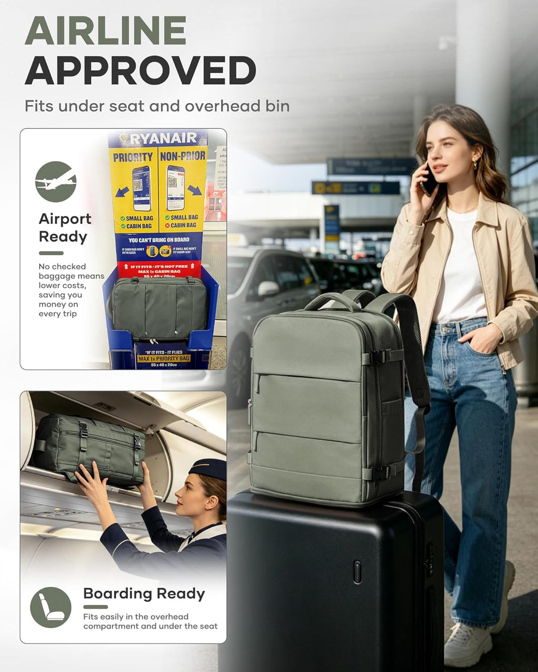 BJLFS Vakuum Rucksack Ryanair Handgepäck 40x20x25 Flugzeug Tasche Airbag mit Vakuumsystem Klein Reis