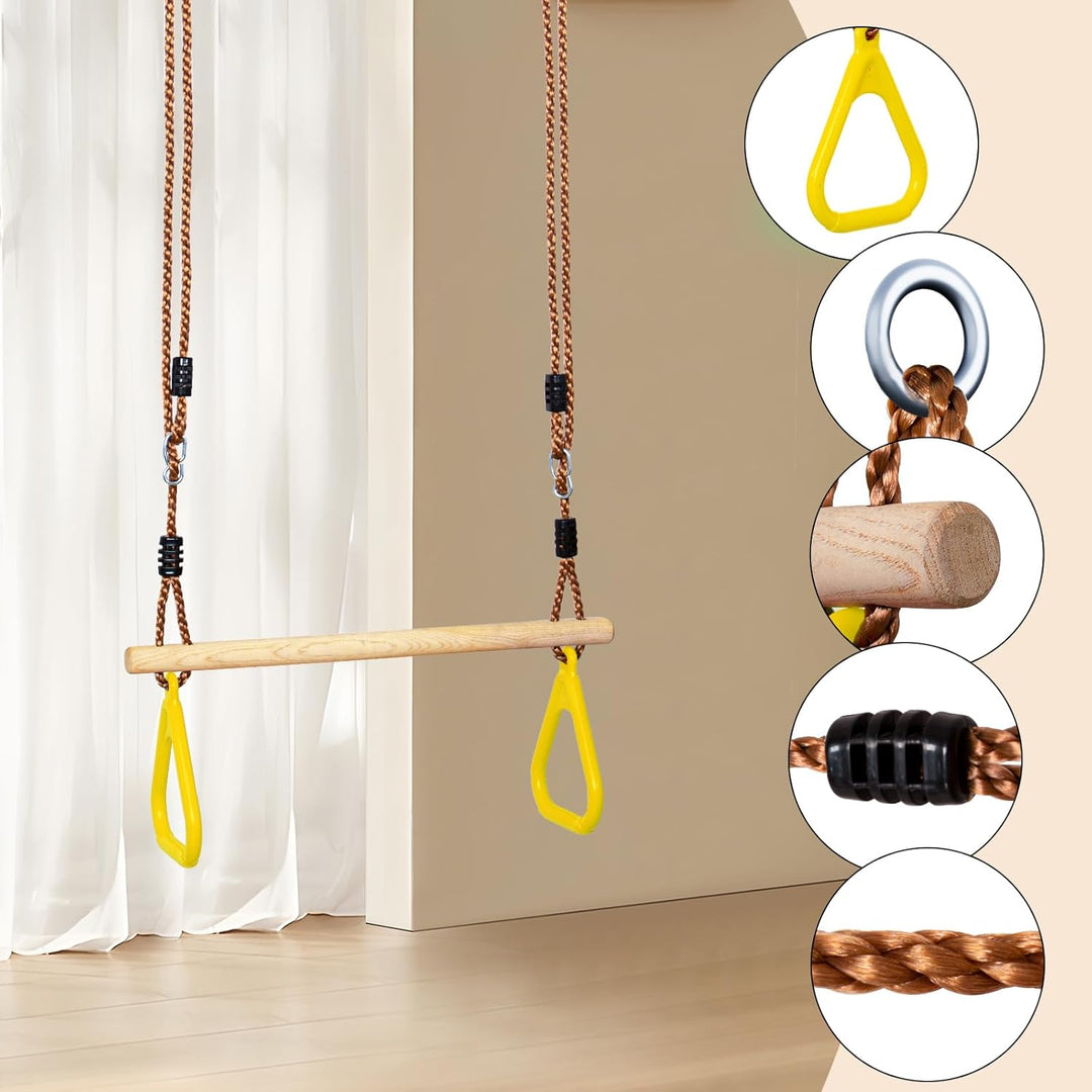 Leogreen Holztrapez mit Turnringen, Klimmzugstange für Fitness & Training im Freien, belastbar bis 1