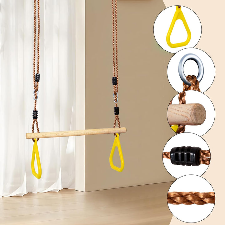 Leogreen Holztrapez mit Turnringen, Klimmzugstange für Fitness & Training im Freien, belastbar bis 1