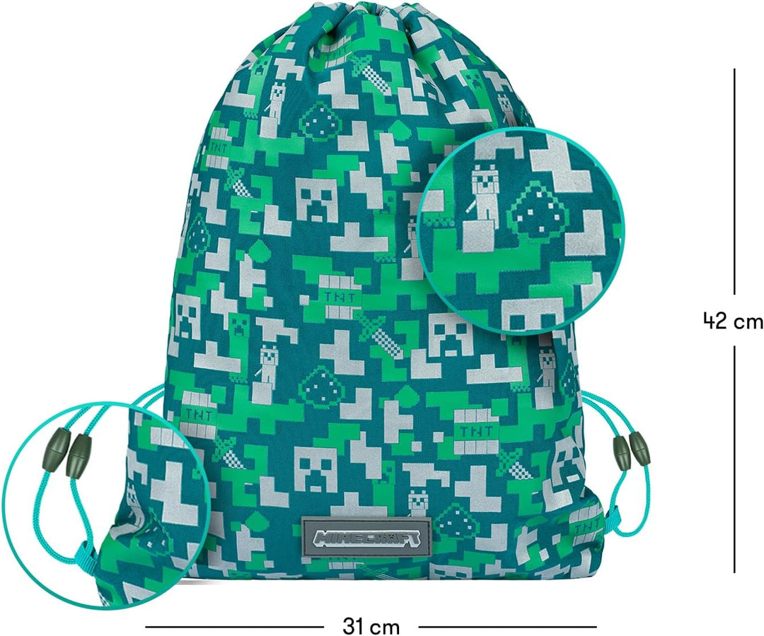 Baagl Minecraft Federmäppchen und Turnbeutel Set 2 Teilig für Jungen und Mädchen, Schule Mäppchen, G