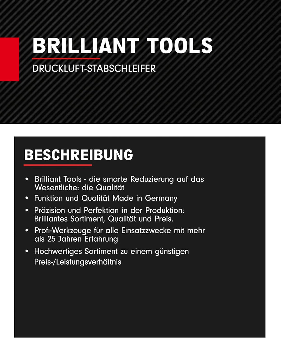 BRILLIANT TOOLS Stabschleifer Druckluft BT160701 20.000 U/min I Geradschleifer abgewinkelt mit Drehz