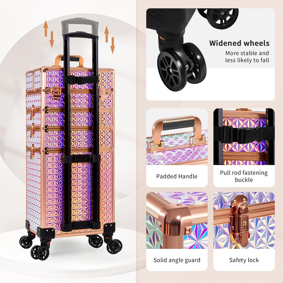 Arous 5-in-1 Profi-Kosmetikkoffer, Aluminium, mit 360° drehbaren Rädern Bunt, Bunt