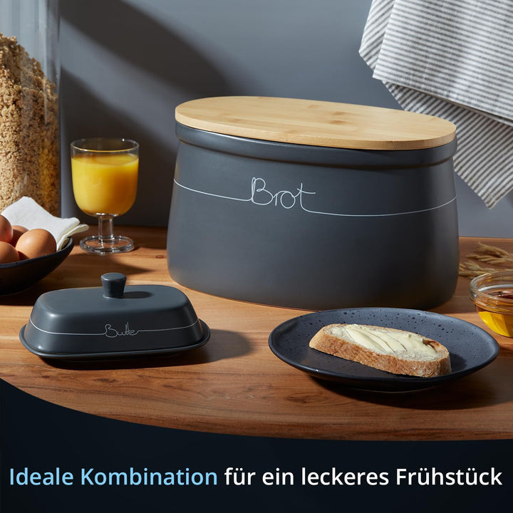 KHG Brotkasten Butterdose Set 2-teilig, Keramik Steingut poliert, Anthrazit Grau, Holz Deckel Bambus