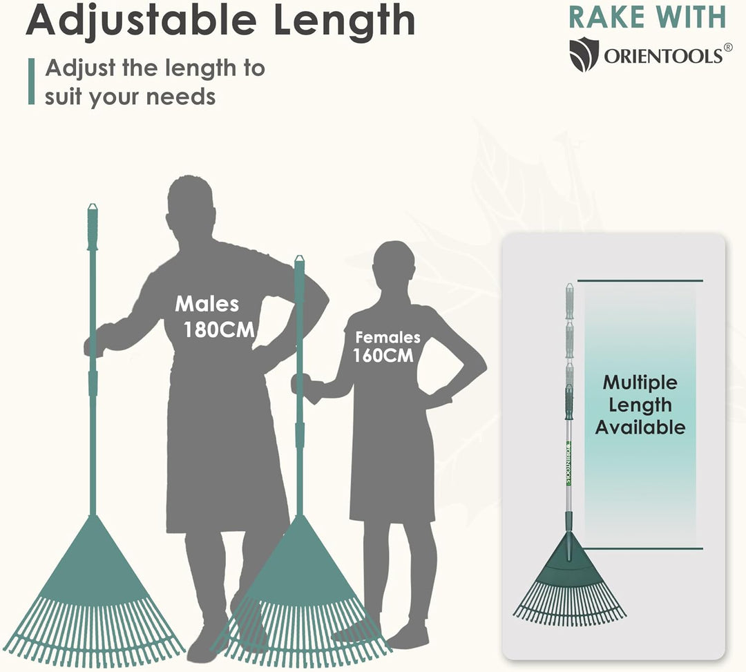 ORIENTOOLS Garten Laubrechen, Garten Rechen für Rasen Laub mit verstellbarem Griff 120 bis 165 cm Re