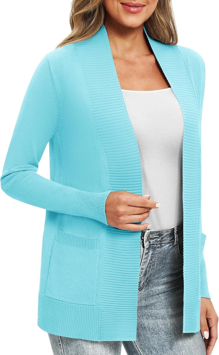 EXCHIC Leicht Damen Lange Ärmel V-Ausschnitt Lange Gestrickt Cardigan Gemütlich Offene Front Strickj