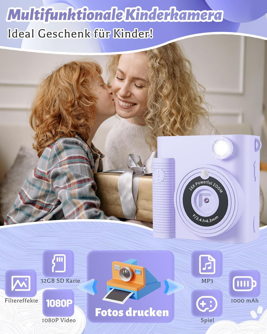 CKATE Kinder Fotokamera Sofortdruck, Kinder Kamera mit 2 Shutters, 1080P HD Sofortbildkamera 32G SD