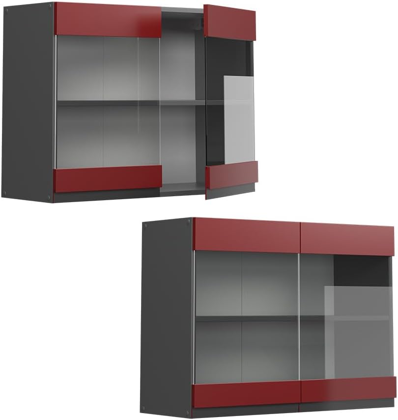Vicco Küchenschrank Glas R-Line, Rot/Anthrazit, 80 cm J-Shape Rot Hängeglasschrank 80 cm, Rot Hängeg