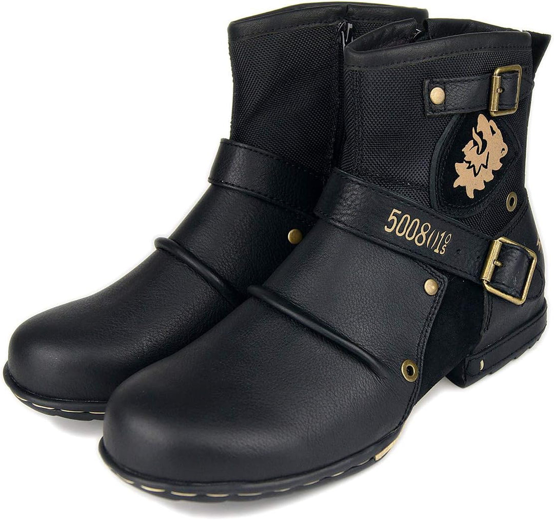 COWSDELLA Herren Stiefel aus Leder Rindsleder mit Gummisohle Biker Motorrad Boots mit Reissverschlus