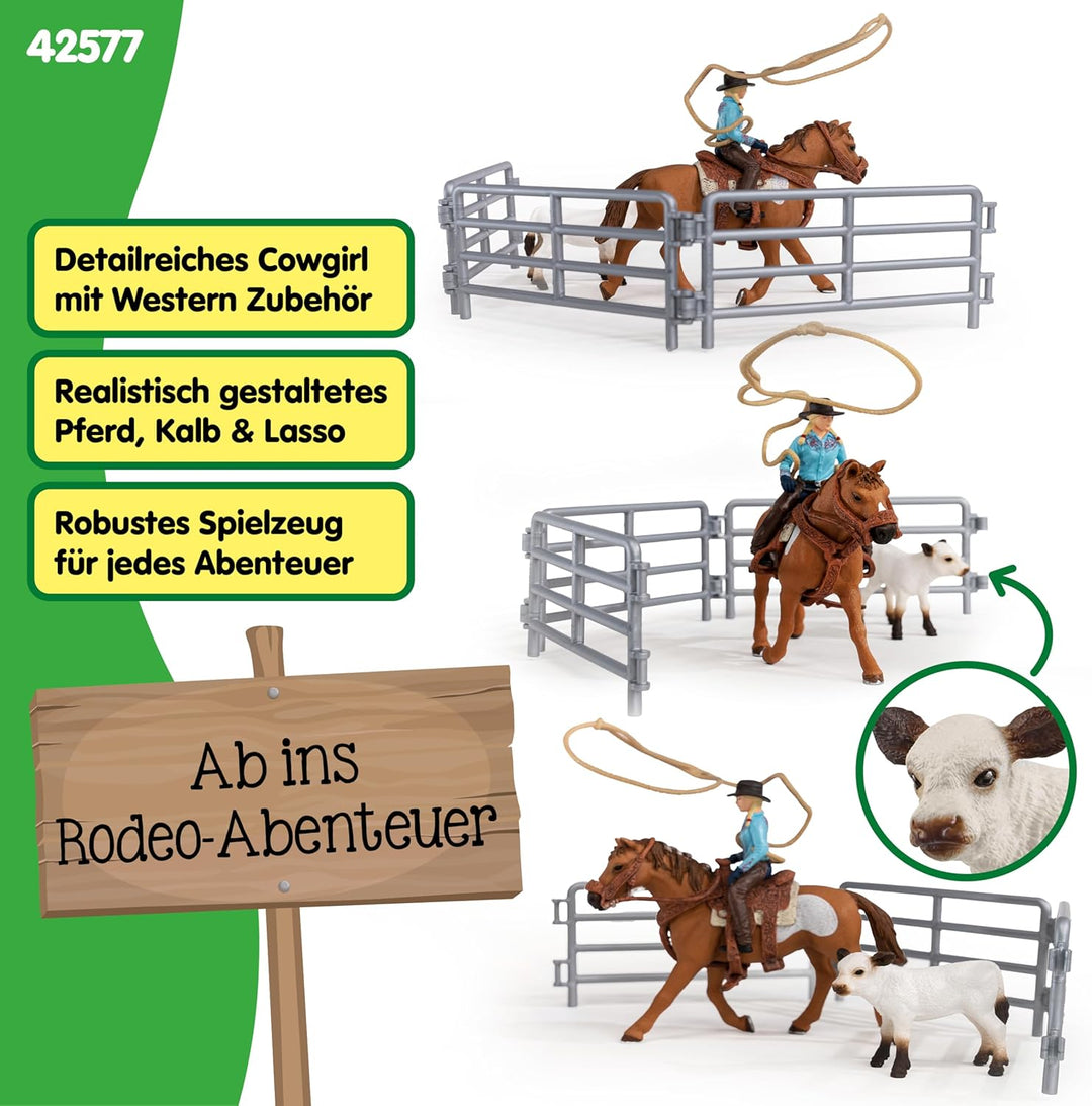 SCHLEICH Farm World | Westernreiten mit Cowgirl 42577 | Bauernhof Set mit Reiterin, Pferd, Kuh sowie