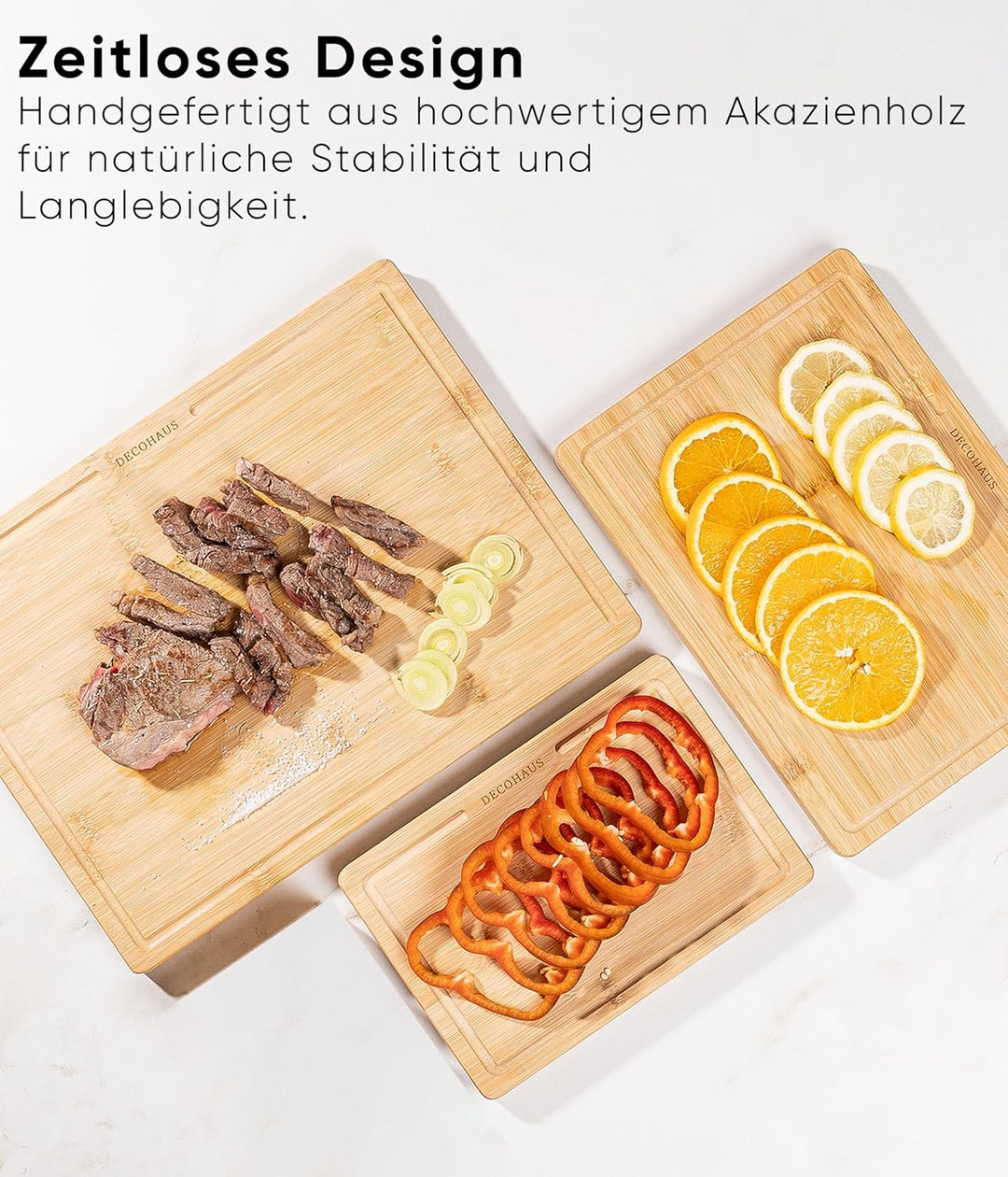Deco haus Schneidebrett Holz 3er Set aus Robustem Bambus [2cm DICKE] - Schneidebretter mit Saftrille