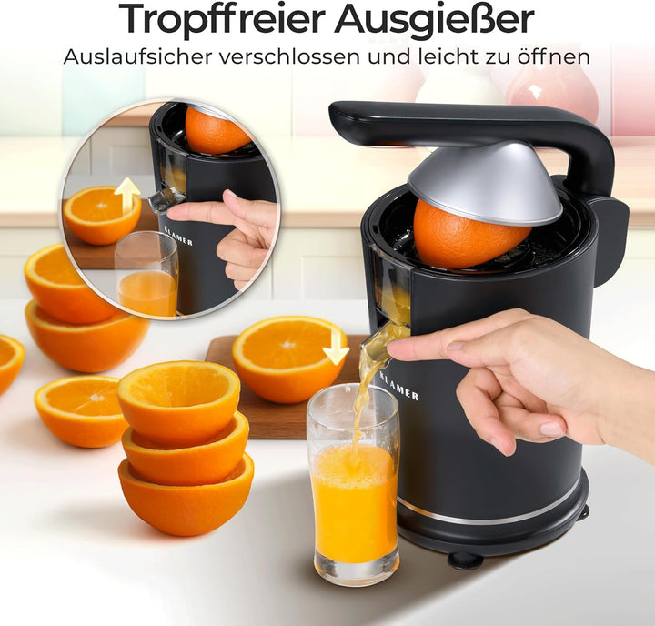 KLAMER Saftpresse elektrisch mit zwei Presskegeln – Zitruspresse für Orangen, Zitronen, Limetten & G