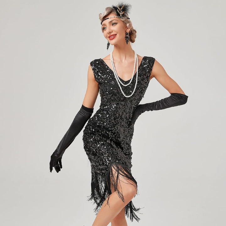 FYMNSI Damen 1920er Jahre V-Ausschnitt Pailletten Fransen Kleid Flapper Charleston Kleider Cocktailk