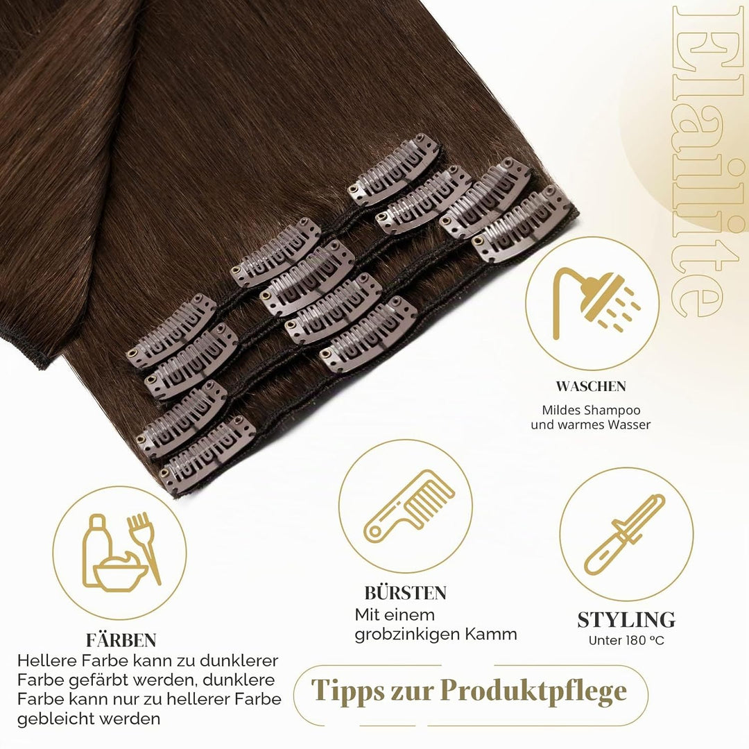 Elailite Extensions Echthaar Clip in 8 Tressen Glatt #4 Mittel braun, Haarverlängerung Real Human Ha