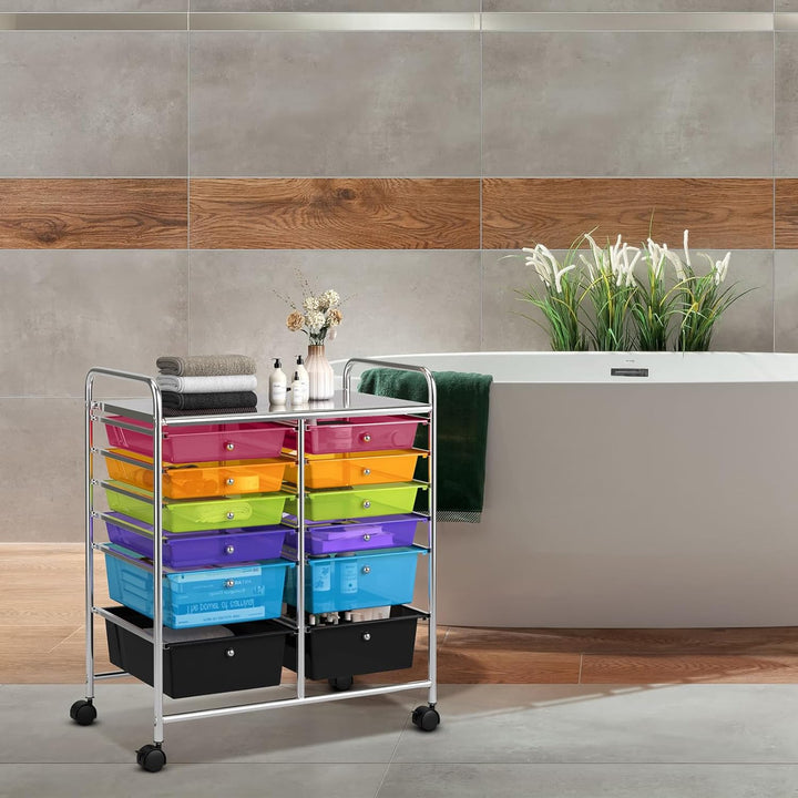 COSTWAY Rollwagen mit 12 stapelbaren Schubladen, Schubladenwagen Rollcontainer mit Metallgestell und