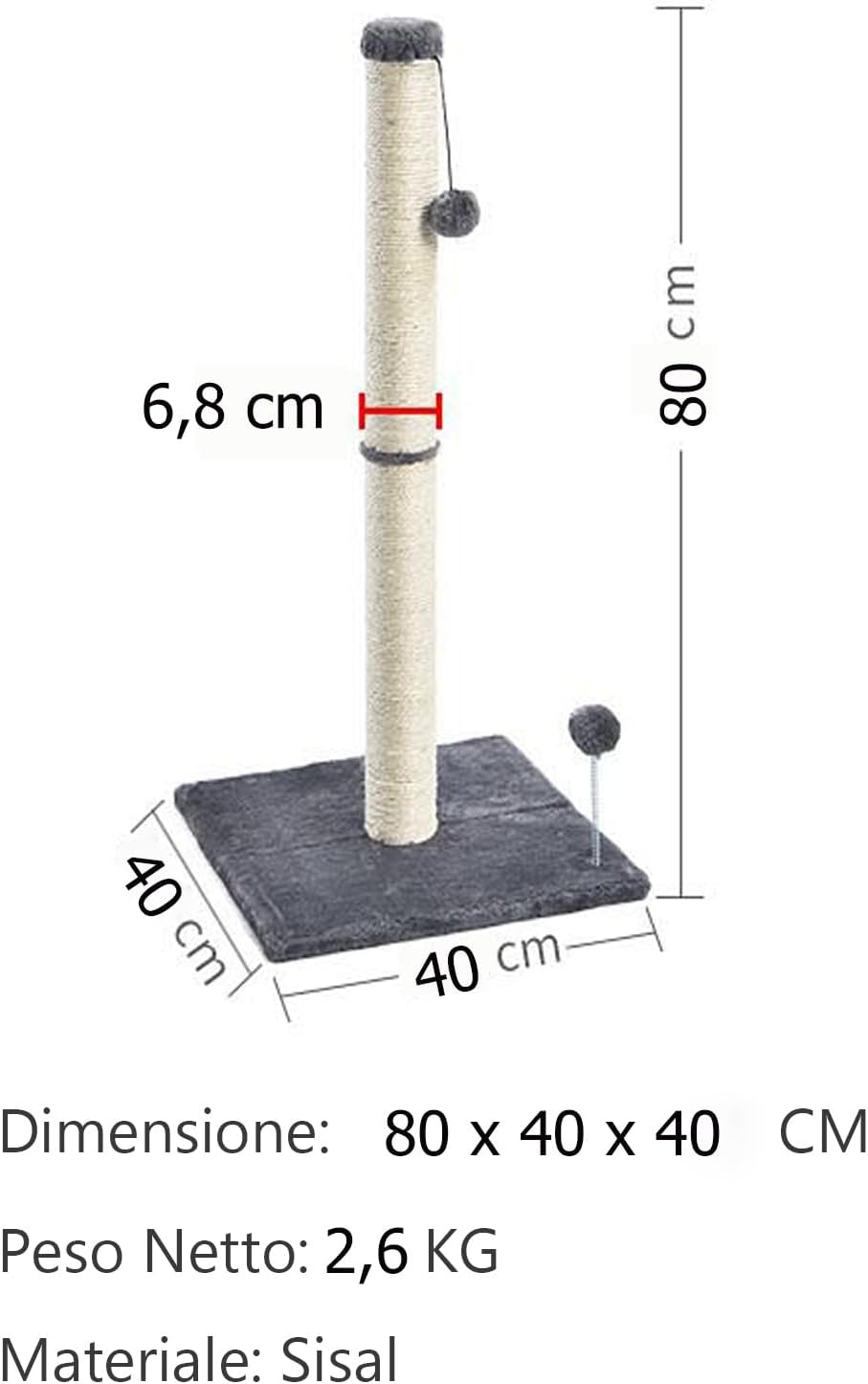 Kratzsäule für Katzen,Kratzbaum für Katzen 80cm Kratzsäule XXL Natural Sisal Seil Pole mit hängendem