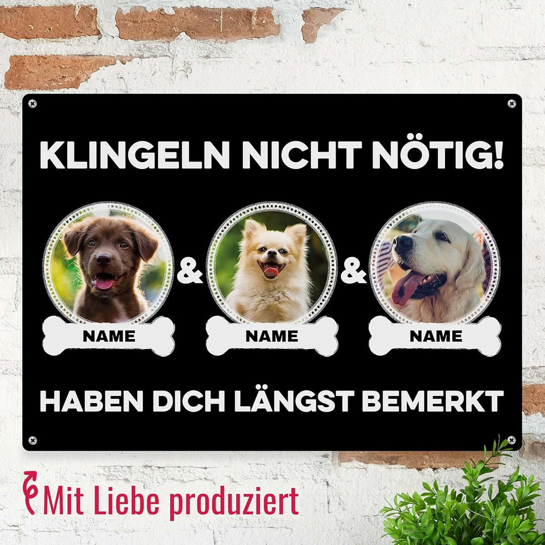 Hunde Schild personalisiert - Klingeln nicht nötig - Metallschild mit Foto und Name für aussen, wett