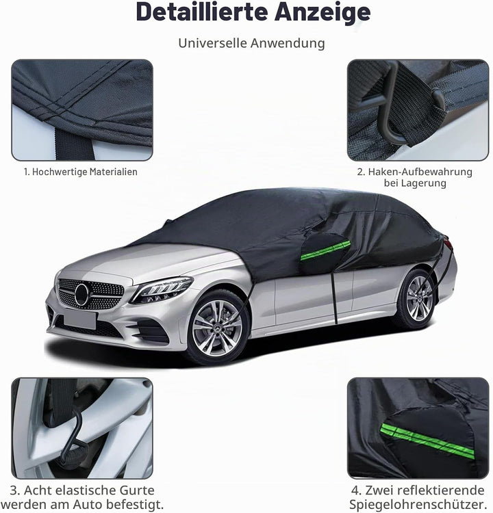 Universal Halbgarage Autoabdeckung,Halbe Autoabdeckung mit Haken und Riemen, Wasserdicht Autogarage