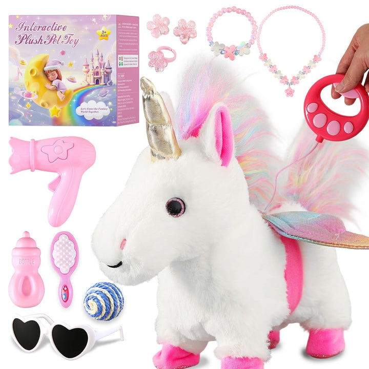 Marsjoy Weisses laufendes Einhorn-Spielzeugset, singendes, tanzendes elektronisches Plüsch-Einhorn m