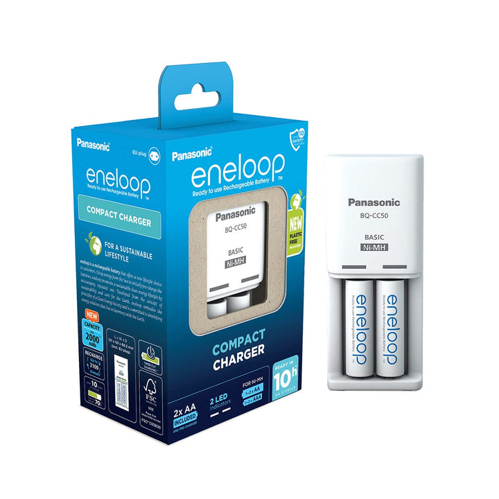 Panasonic eneloop Compact Ladegerät für 1–2 AA/AAA NI-MH-Akkus, mit 2 LED-Anzeigen und 6 Sicherheits