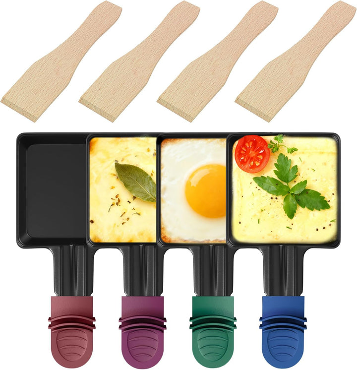 IPOW 4er-Set Quadratische Raclette-Pfännchen mit Farbcodierten Griffen + Holzspatel – Super Antihaft