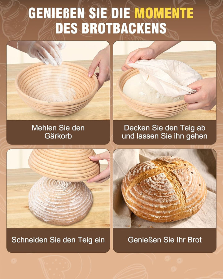 Gärkörbchen Set 2-teilig, 9 Zoll Rundes Gärkorb Brot mit Leinen-Einsätzen - aus Hohe Qualität Rattan