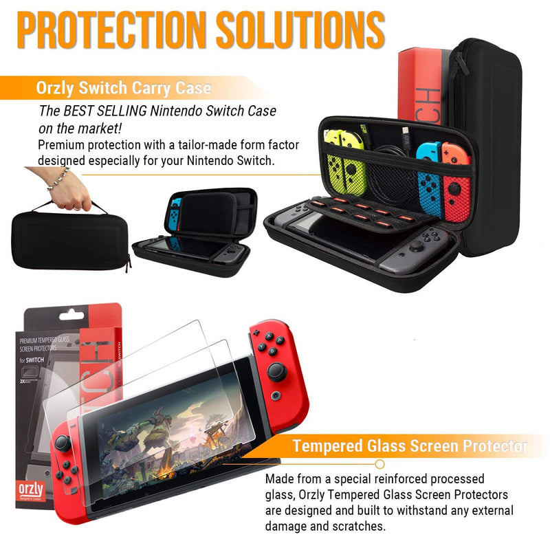 Orzly Switch Accessories Bundle Geek Pack for Nintendo Switch: Case & Screen Protector, Joycon Grips