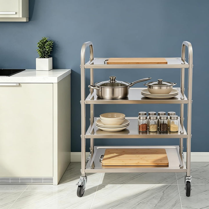 Edelstahl Servierwagen 4 Böden Küchenwagen Silber,75 x 40 x 109 cm, 75 x 40 x 109