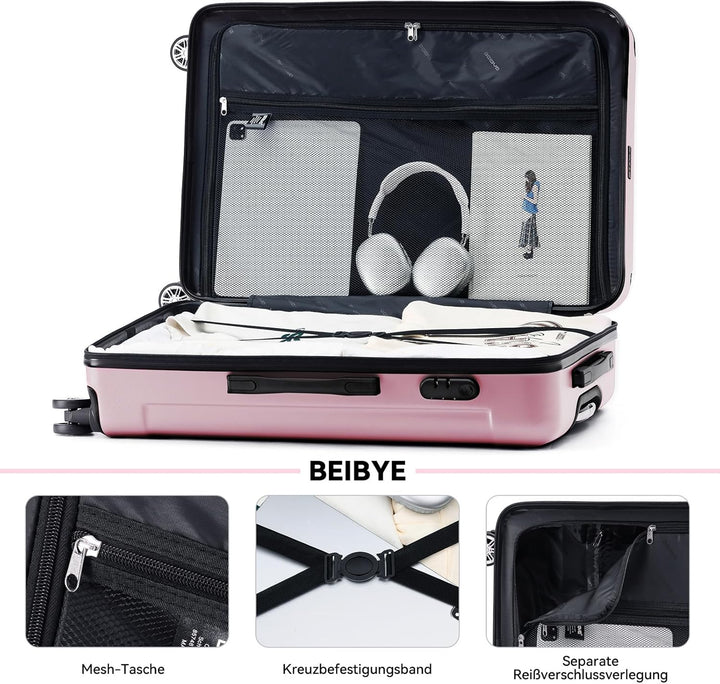 BEIBYE Hartschalen-Koffer Trolley Rollkoffer Reisekoffer Handgepäck 4 Rollen (M-L-XL-Set) (Rosa, M)