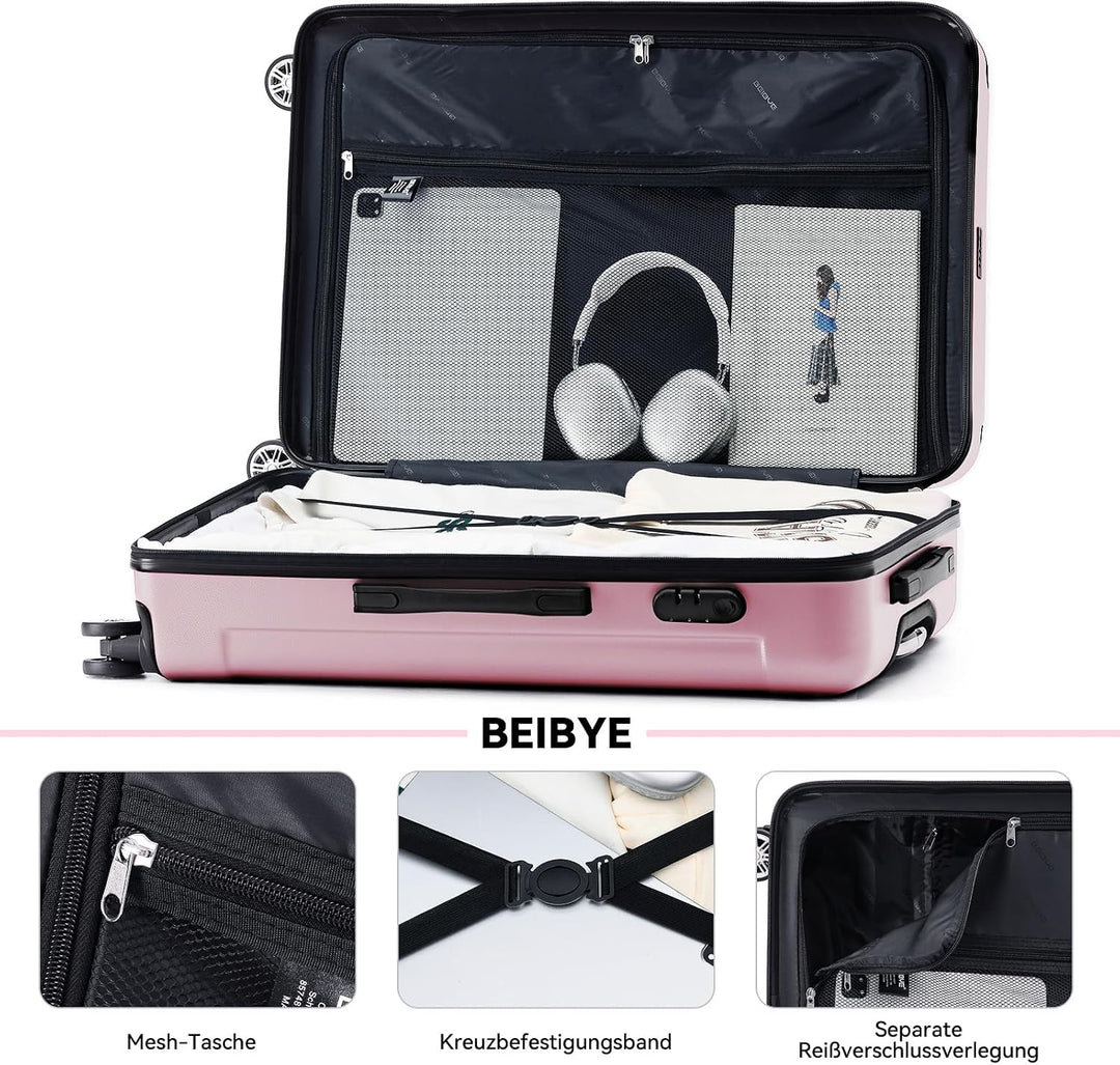 BEIBYE Hartschalen-Koffer Trolley Rollkoffer Reisekoffer Handgepäck 4 Rollen (M-L-XL-Set) (Rosa, XL)