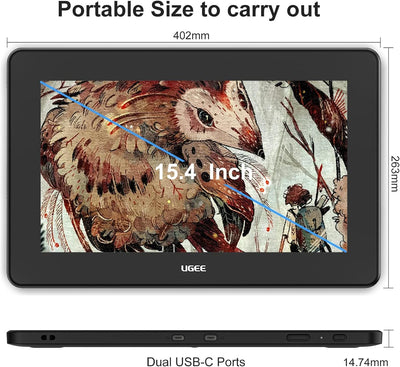 UGEE U1600 Grafiktablett mit 15,4' Full HD Stift-Display, voll laminiertes (1.920 x 1.080)-kompatibe