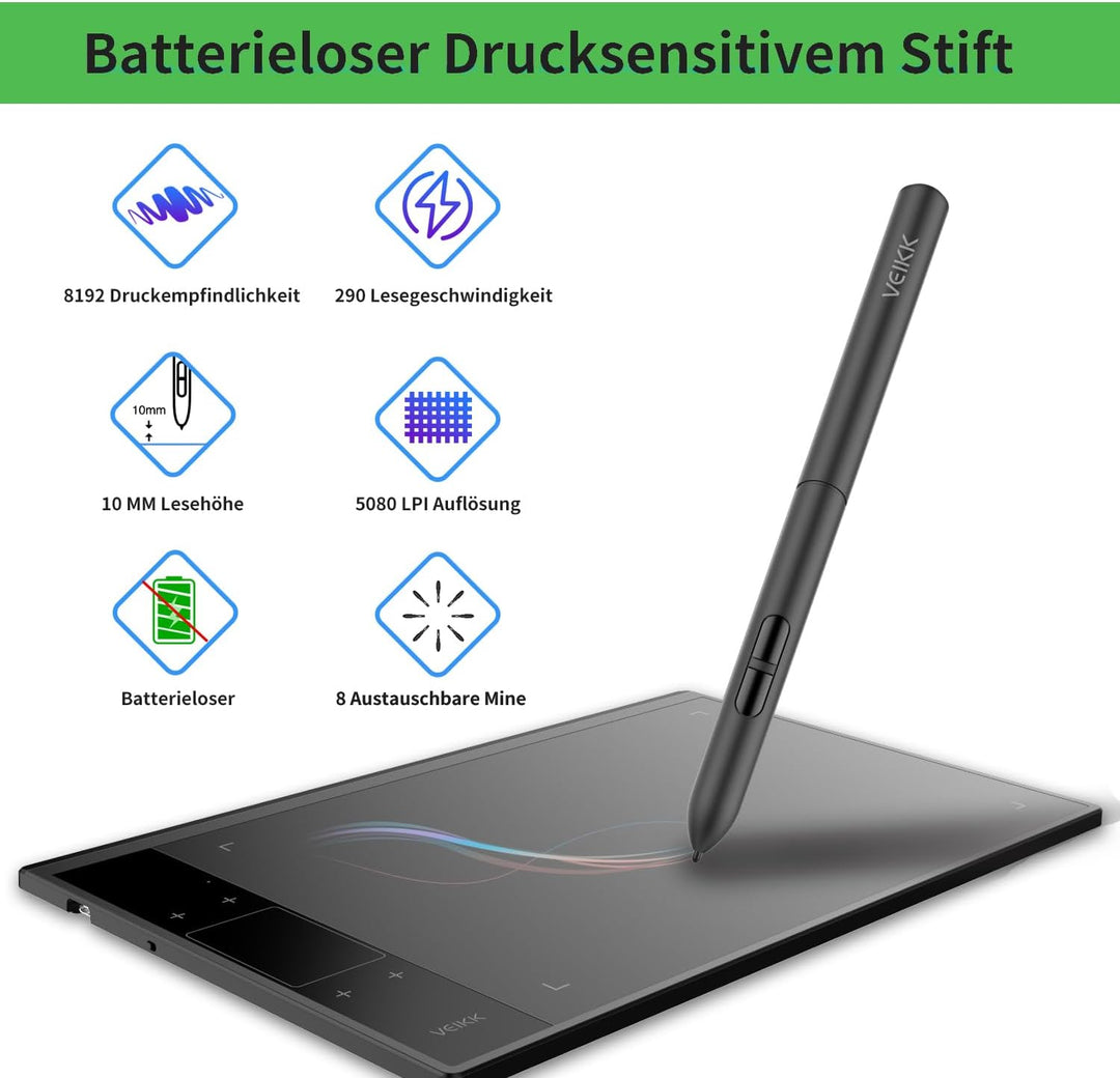 Drawing Tablet VEIKK A30V2,10x6 Zoll Grafiktablett mit 8192 Druckstufen Stift,Zeichentablett mit 4 S