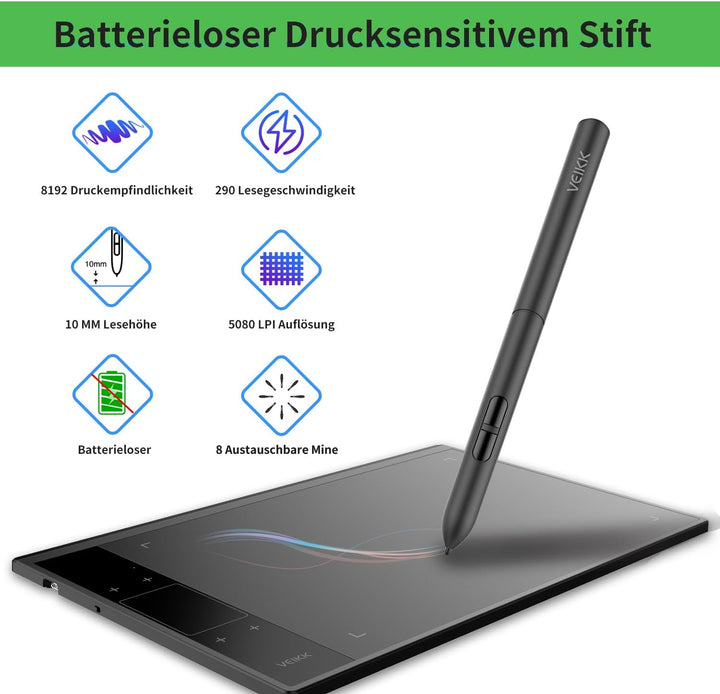 Drawing Tablet VEIKK A30V2,10x6 Zoll Grafiktablett mit 8192 Druckstufen Stift,Zeichentablett mit 4 S