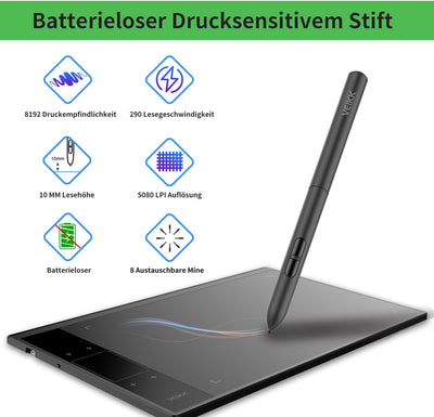 VEIKK A30 V2 Zeichentablett 10 x 6 Zoll Grafiktablett mit batterielosem Stift und 8192 professionell