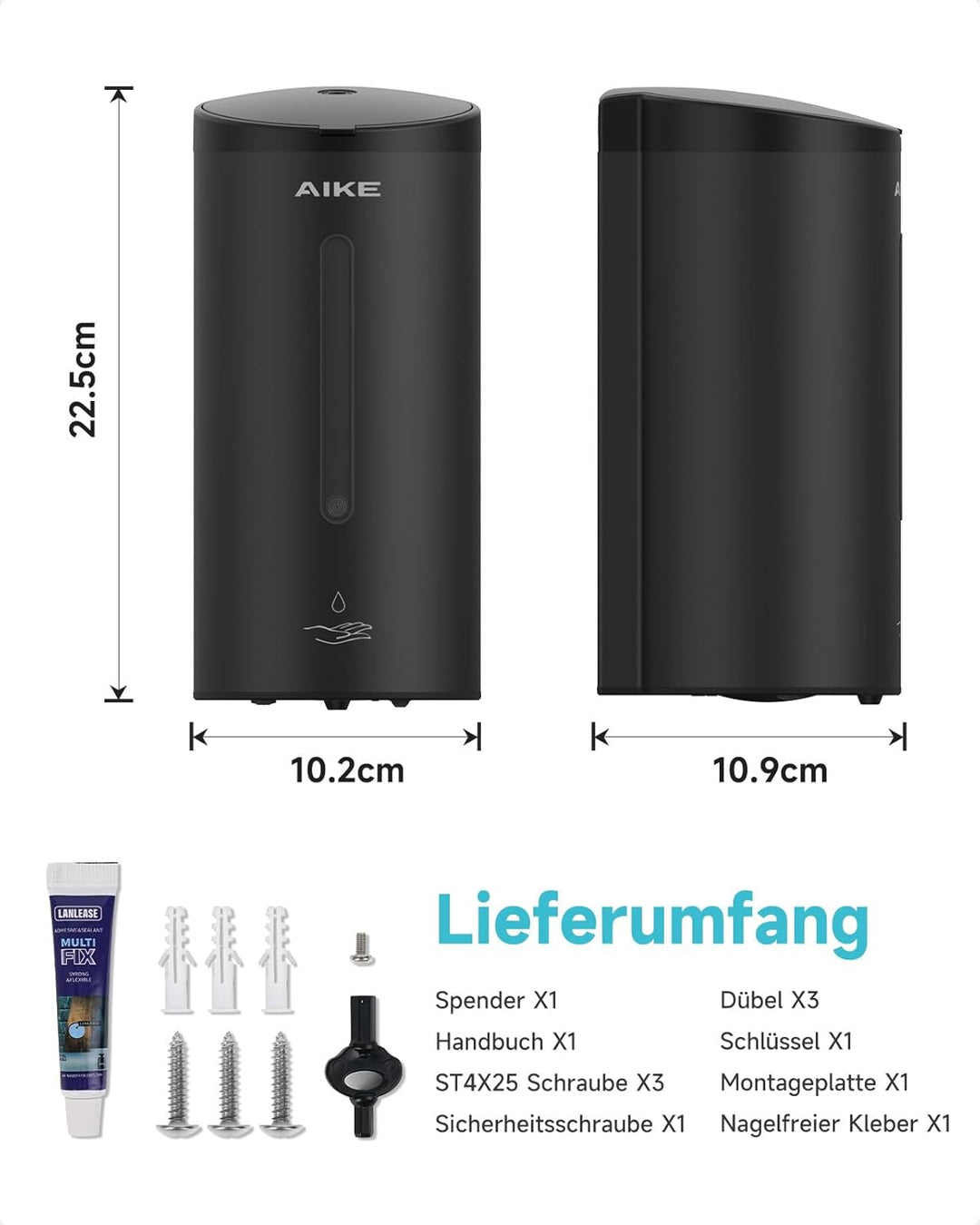 AIKE AK1205 Seifenspender Automatisch Wandbefestigung Mattschwarz, 800ml Kommerzieller Automatischer