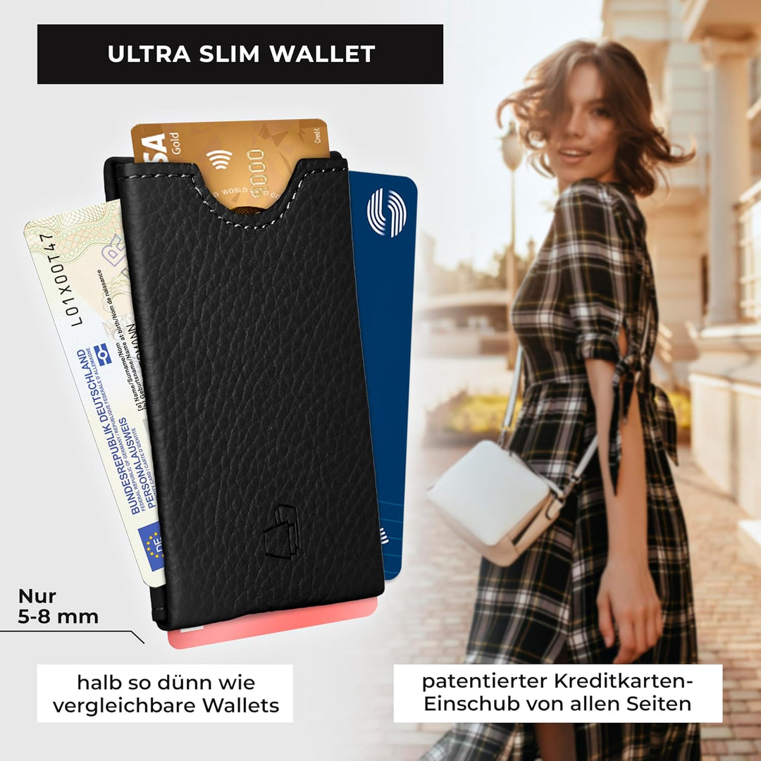 W4LLET® Kartenetui Herren, Strukturleder Schwarz | Echtleder, Premium RFID Schutz | Handgefertigt in