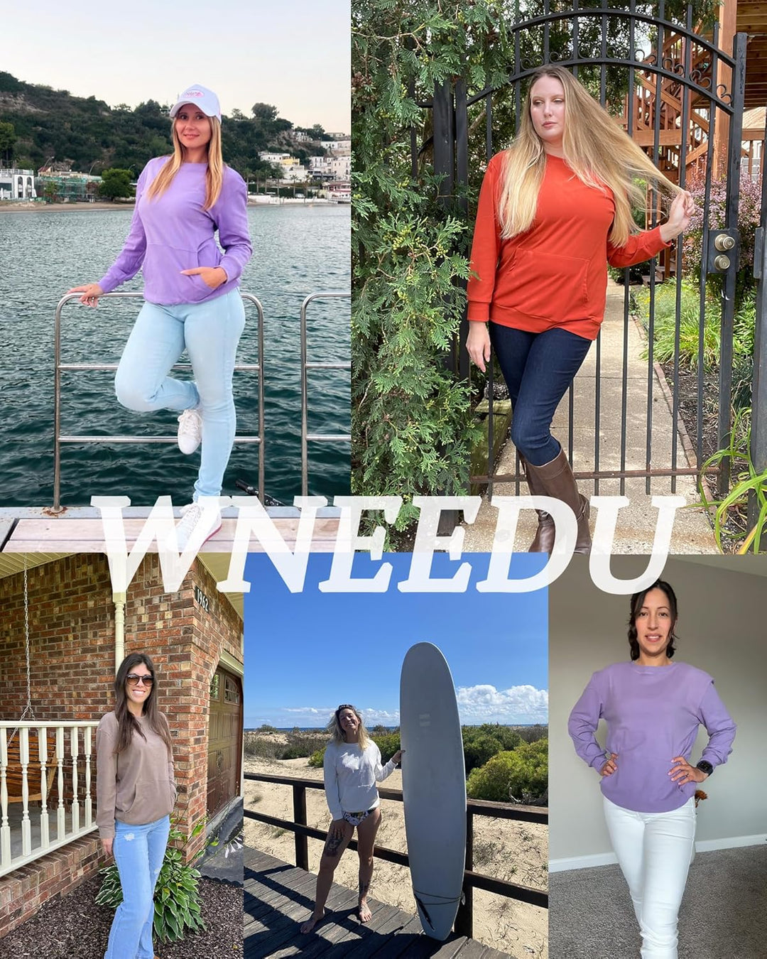 WNEEDU Damen Langarmshirts Lässige Sweatshirts mit Taschen Weiss XL, Weiss XL