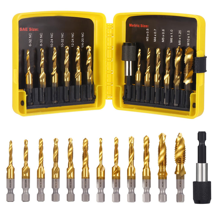 HSEAMALL 13 Stück Gewindebohrer Set,Kombi-Bohrer Gewindebohrer Bit Satz 6mm HSS M3-M10 Gewindeschnei