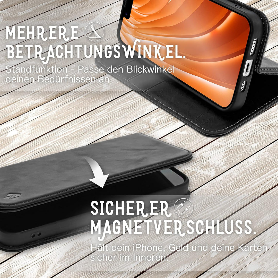NALIA Echt-Leder Flipcase kompatibel mit iPhone 14 Hülle, Handgefertigt Rindsleder Schutzhülle mit R
