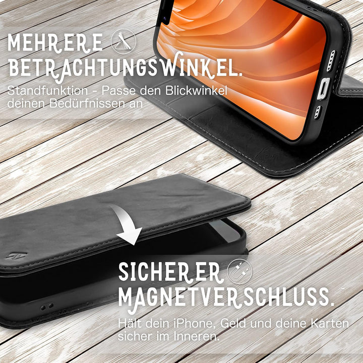 NALIA Echt-Leder Flipcase kompatibel mit iPhone 14 Plus Hülle, Handgefertigt Rindsleder Schutzhülle