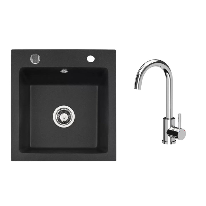 VBChome Granitspüle 50 x 48 cm Schwarz mit Armatur Einzelbecken Einbauspüle Gesprenkelt Pflegeleicht
