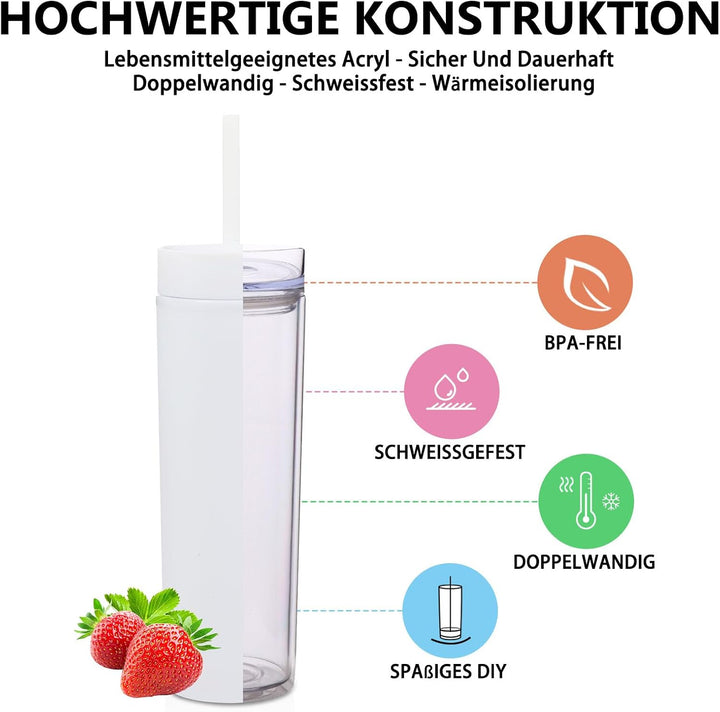 Volhoply 480ml Kunststoff Skinny Becher Mit Deckel und Strohhalm Bulk 8 Pack, Isoliert Doppelwand Bp