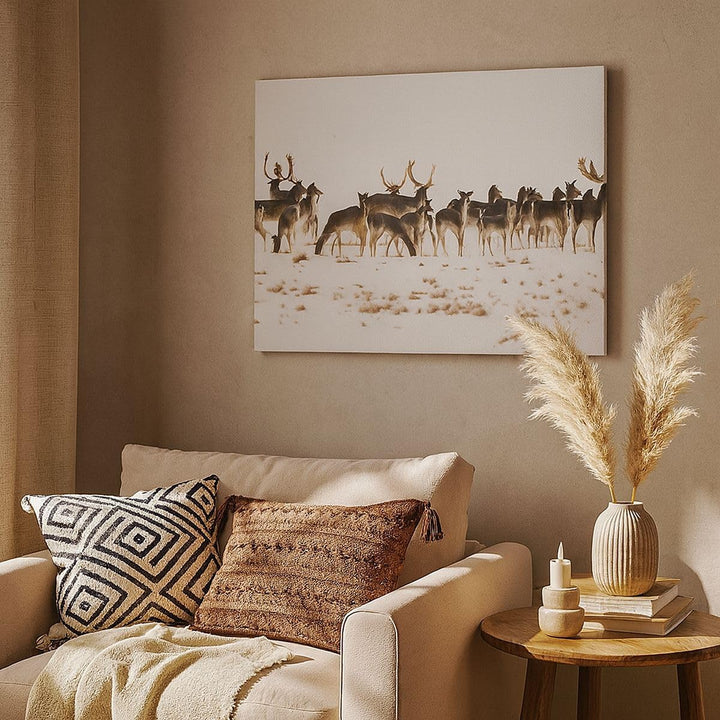 Bilder auf Leinwand 100x70cm Leinwandbild Hirsch Winter Tierwelt Landschaft Gross Wanddeko Bild Schl