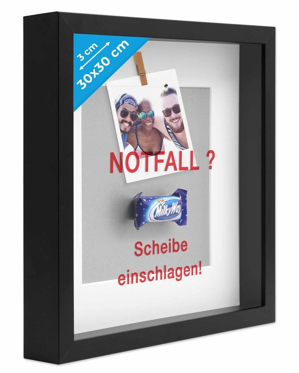 PHOTOLINI 3D-Bilderrahmen zum Befüllen 30x30 cm, Schwarz, Bilderrahmen extra tief mit Passepartout,