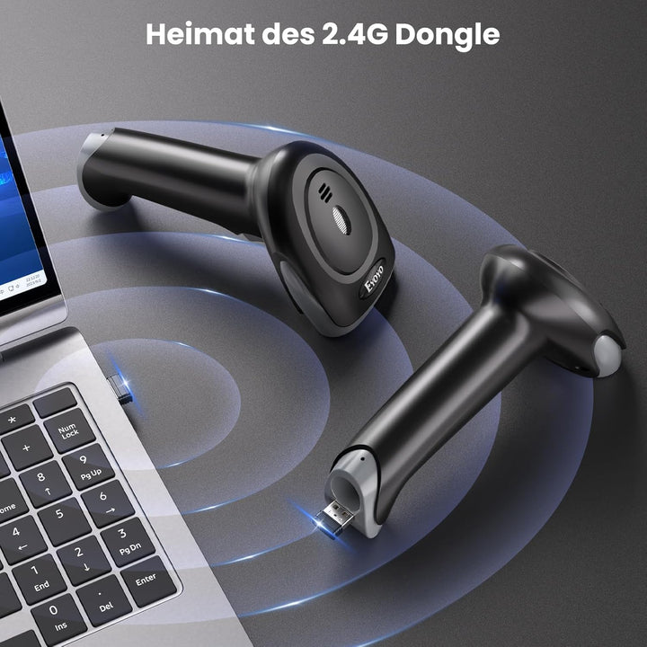 Eyoyo QR Code Scanner, 1D/2D Bluetooth Funk Barcode Scanner, 3-in-1 2.4G kabellos/USB Kabel Barcode