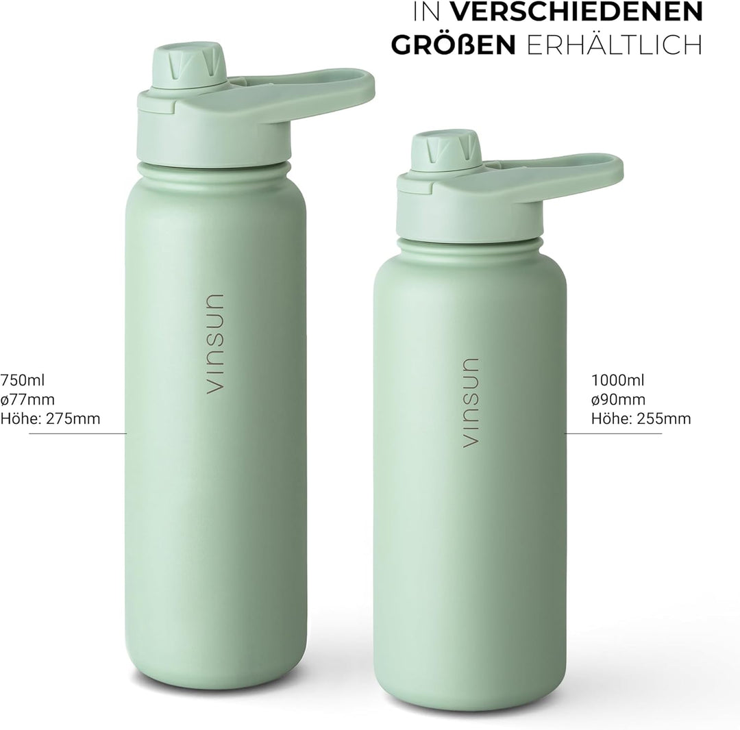 Vinsun Trinkflasche Edelstahl grün 750ml - auslaufsicher, Kohlensäure geeignet, BPA frei - Strohhalm